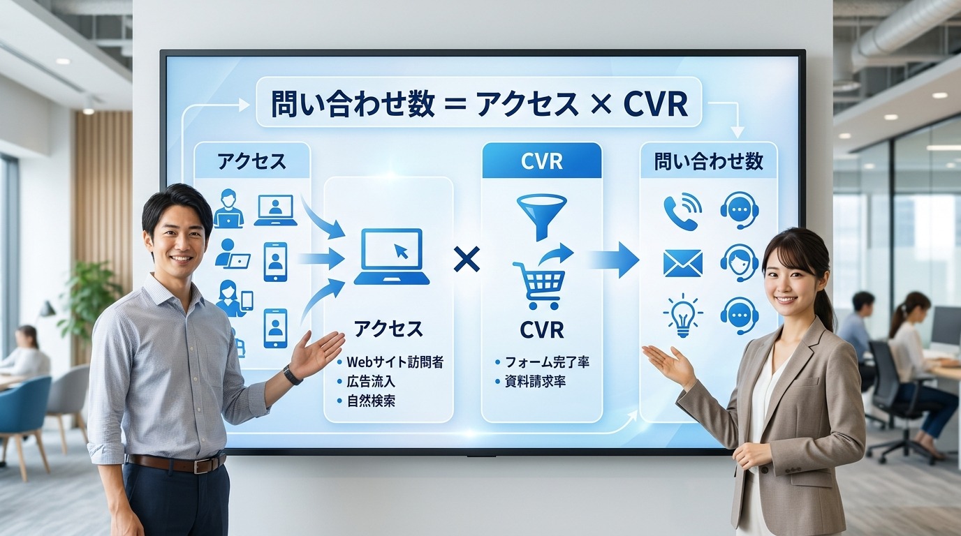 問い合わせ数はアクセス数とCVRの掛け算で決まることを示す図