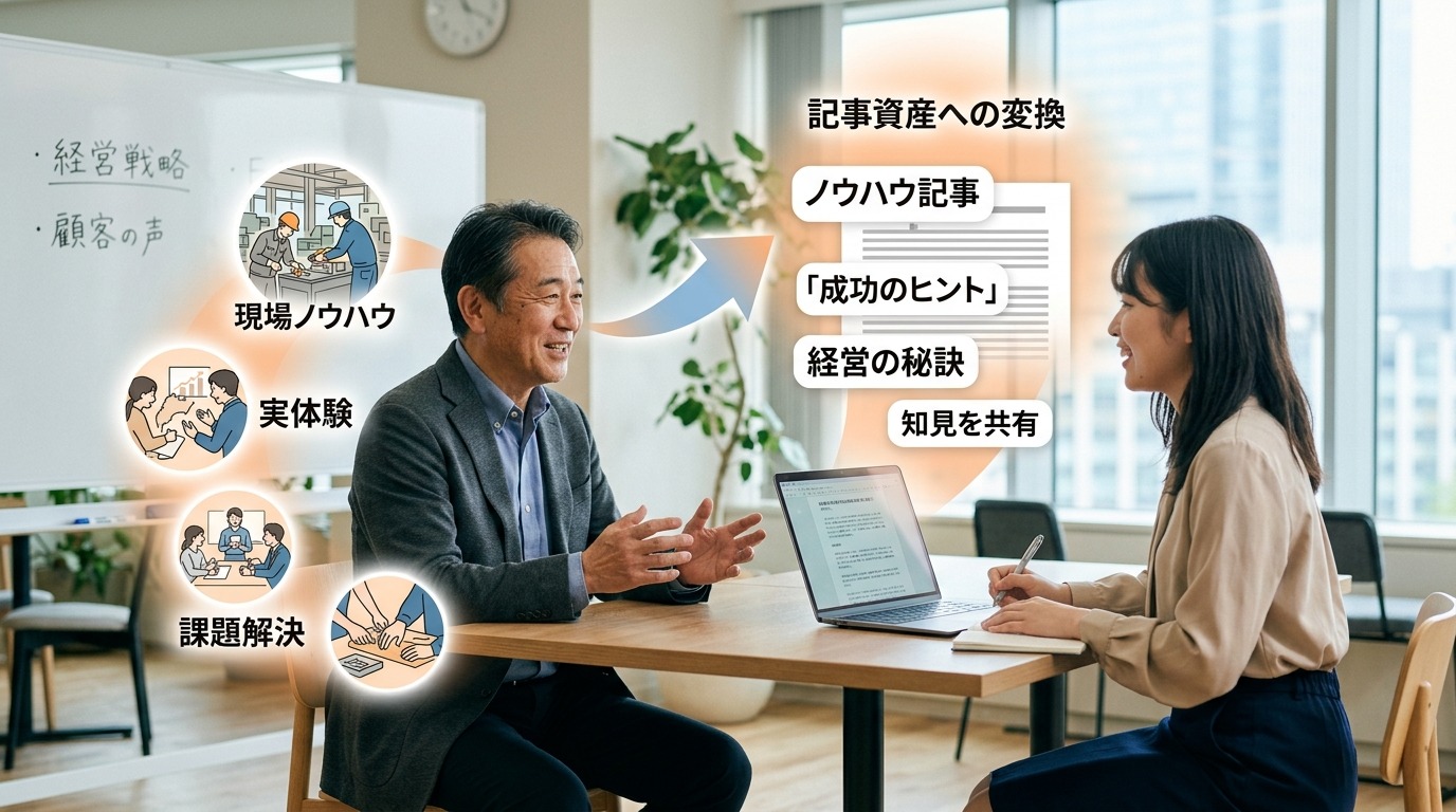 経営者の一次情報が記事という資産に変わっていくイメージ